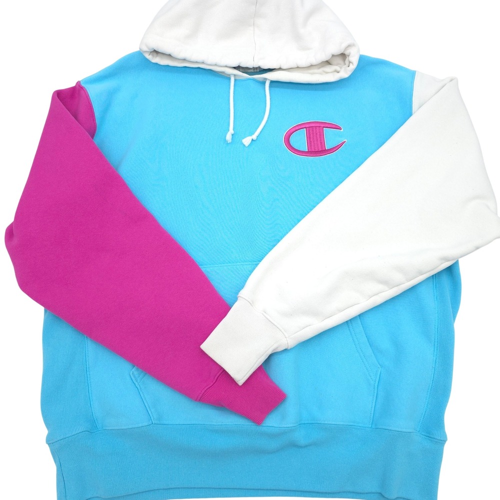 Colorblock Reverse Weave Hoodie Champion Blue Pink White Mens XL